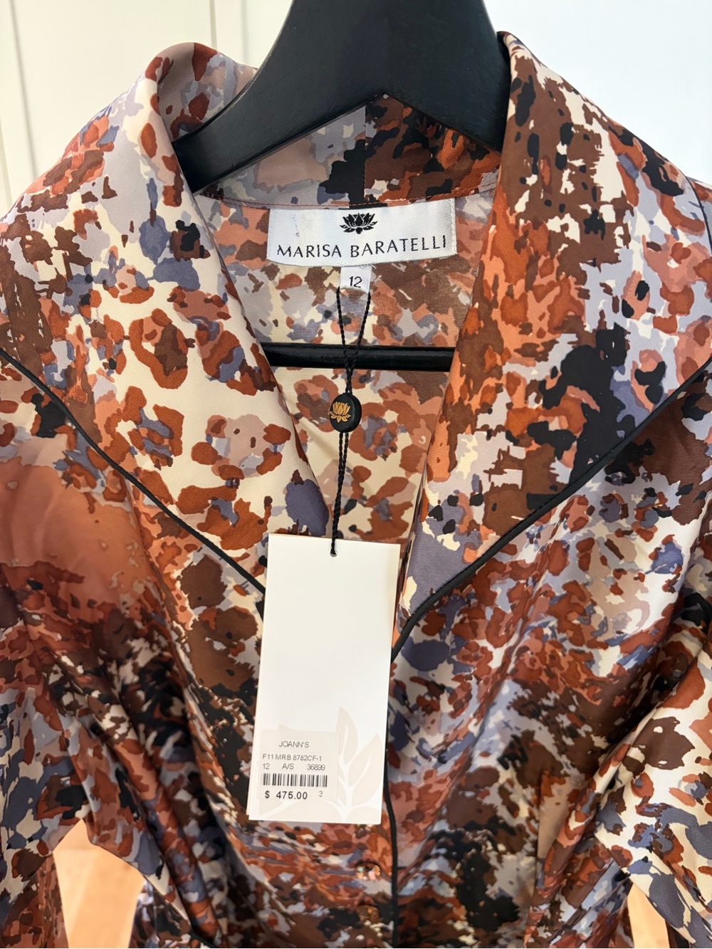 NWT 100% Silk Marisa Baratelli Brown Abstract Print Tie-Waist Blouse - Picture 2 of 5